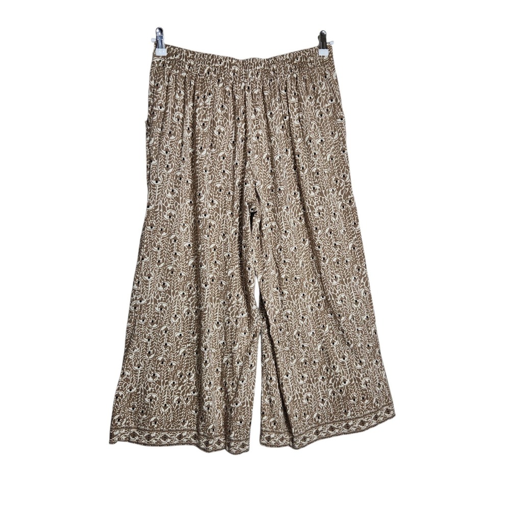 Max Studio London Brown White Botanical Print Wide Leg Flowy Pants